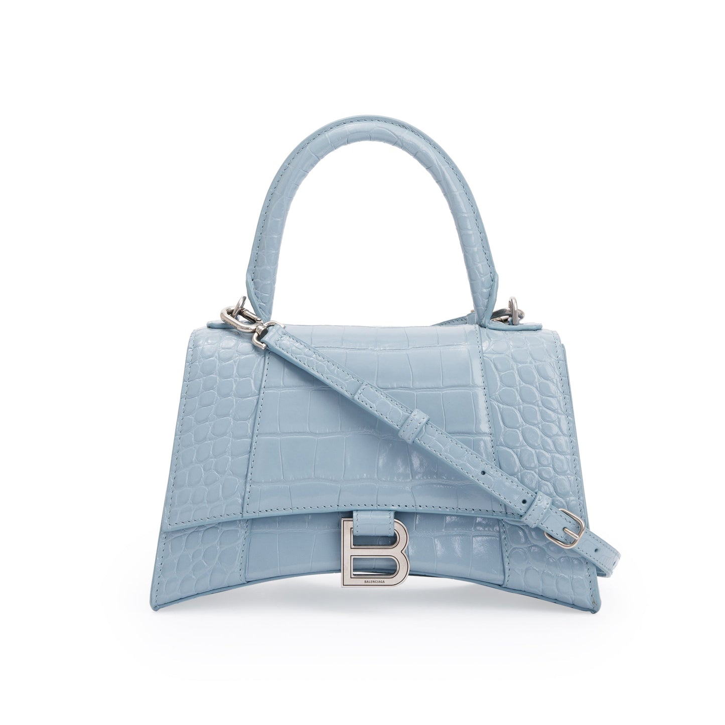 Balenciaga Blue Grey Croc-Embossed Calfskin Leather Small Hourglass Top Handle Bag