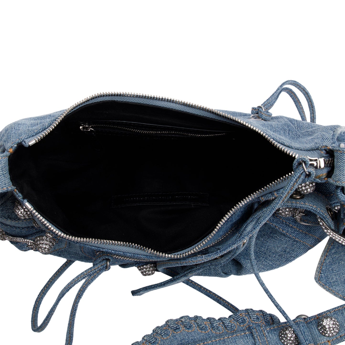 Balenciaga Blue Washed Frayed Denim Rhinestone Le Cagole Small Shoulder Bag