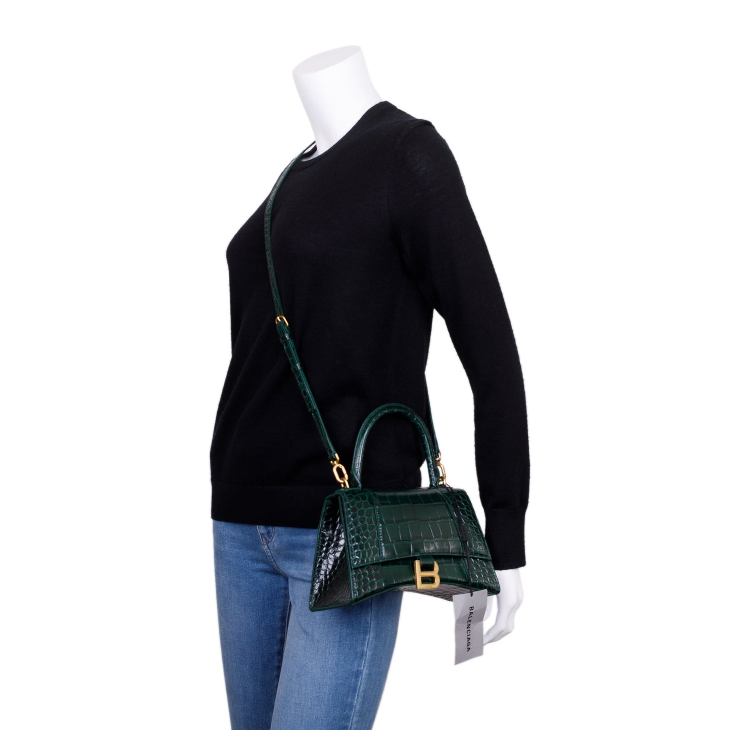 Balenciaga Green Croc-Embossed Calfskin Leather Small Hourglass Top Handle Bag