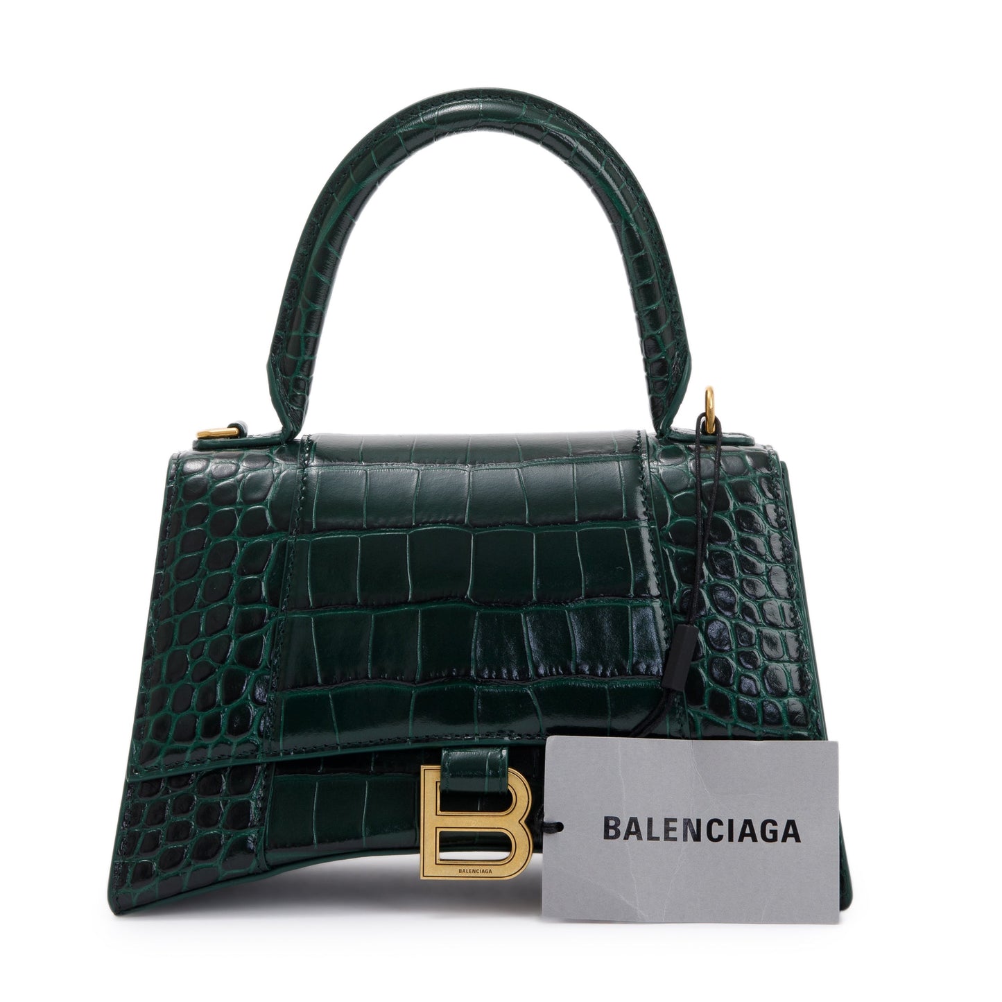 Balenciaga Green Croc-Embossed Calfskin Leather Small Hourglass Top Handle Bag