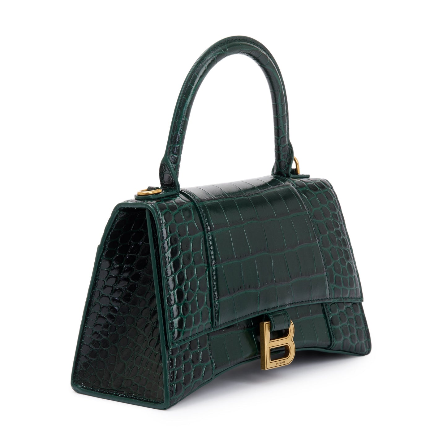 Balenciaga Green Croc-Embossed Calfskin Leather Small Hourglass Top Handle Bag