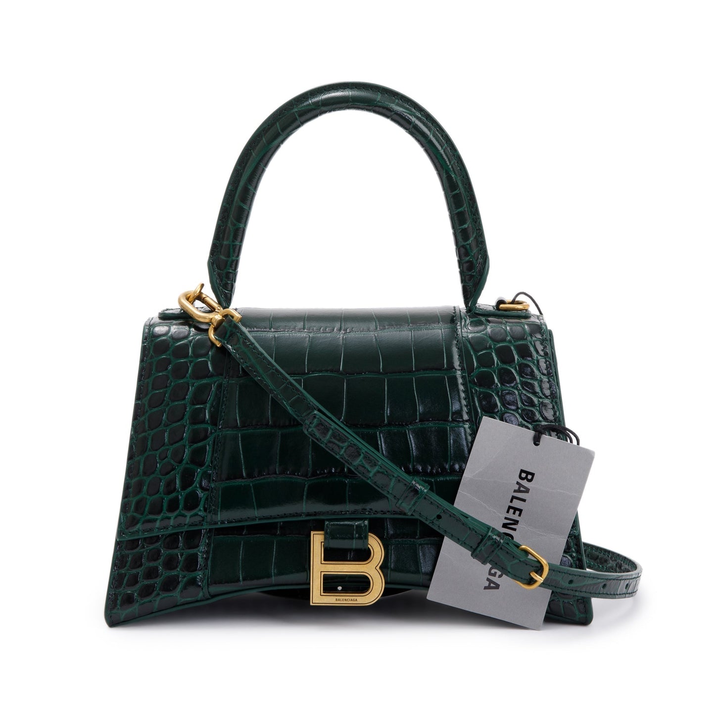 Balenciaga Green Croc-Embossed Calfskin Leather Small Hourglass Top Handle Bag