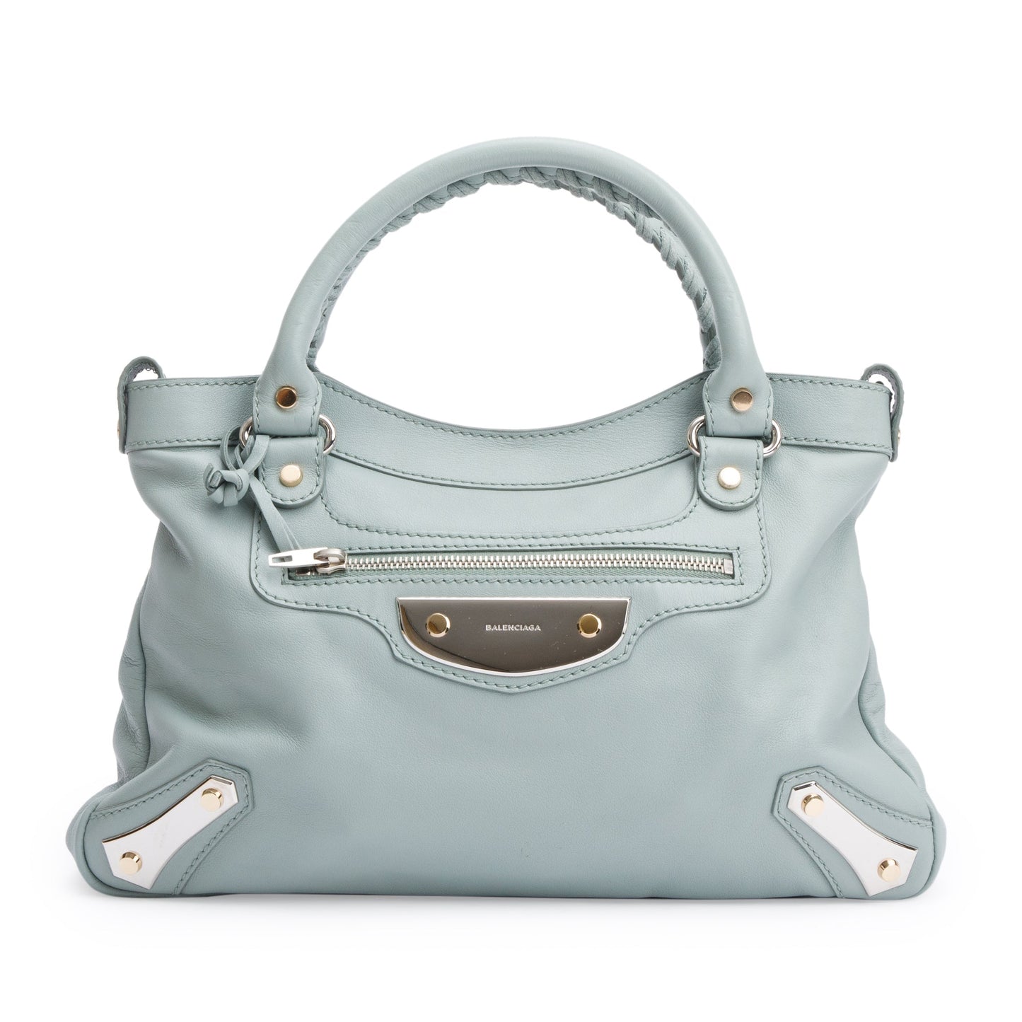 Balenciaga Green Town Metal Plate Flat Studs City Bag