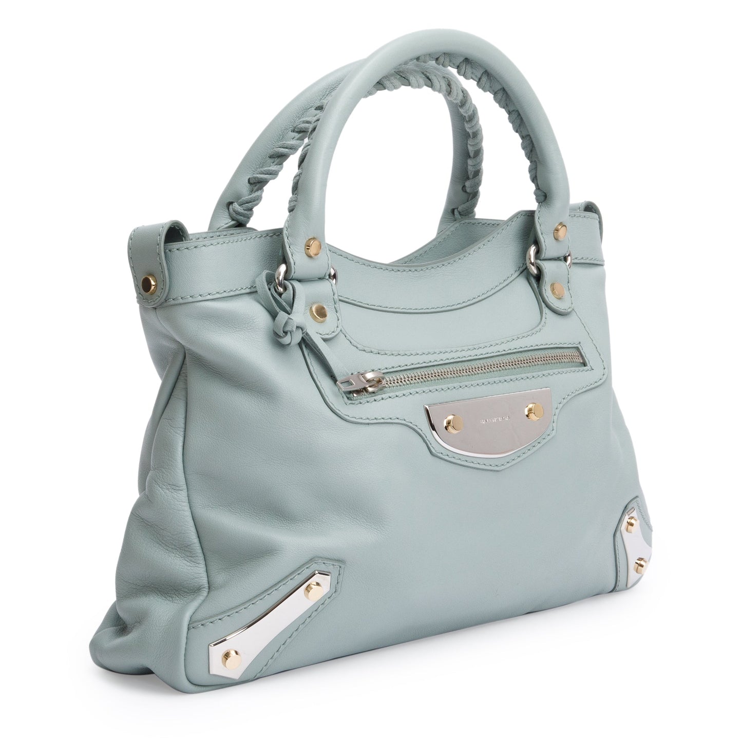 Balenciaga Green Town Metal Plate Flat Studs City Bag