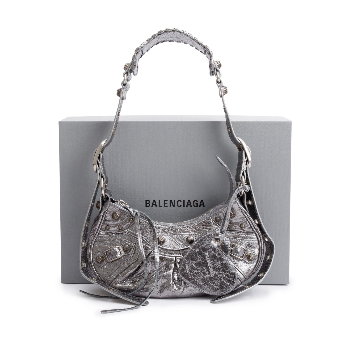 Balenciaga Metallic Silver Arena Calfskin Leather Le Cagole XS Shoulder Bag
