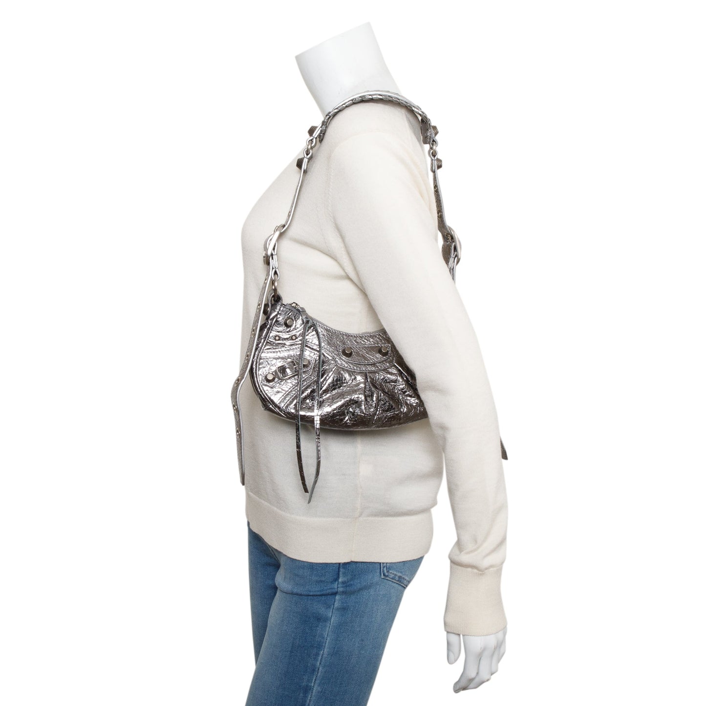 Balenciaga Metallic Silver Arena Calfskin Leather Le Cagole XS Shoulder Bag