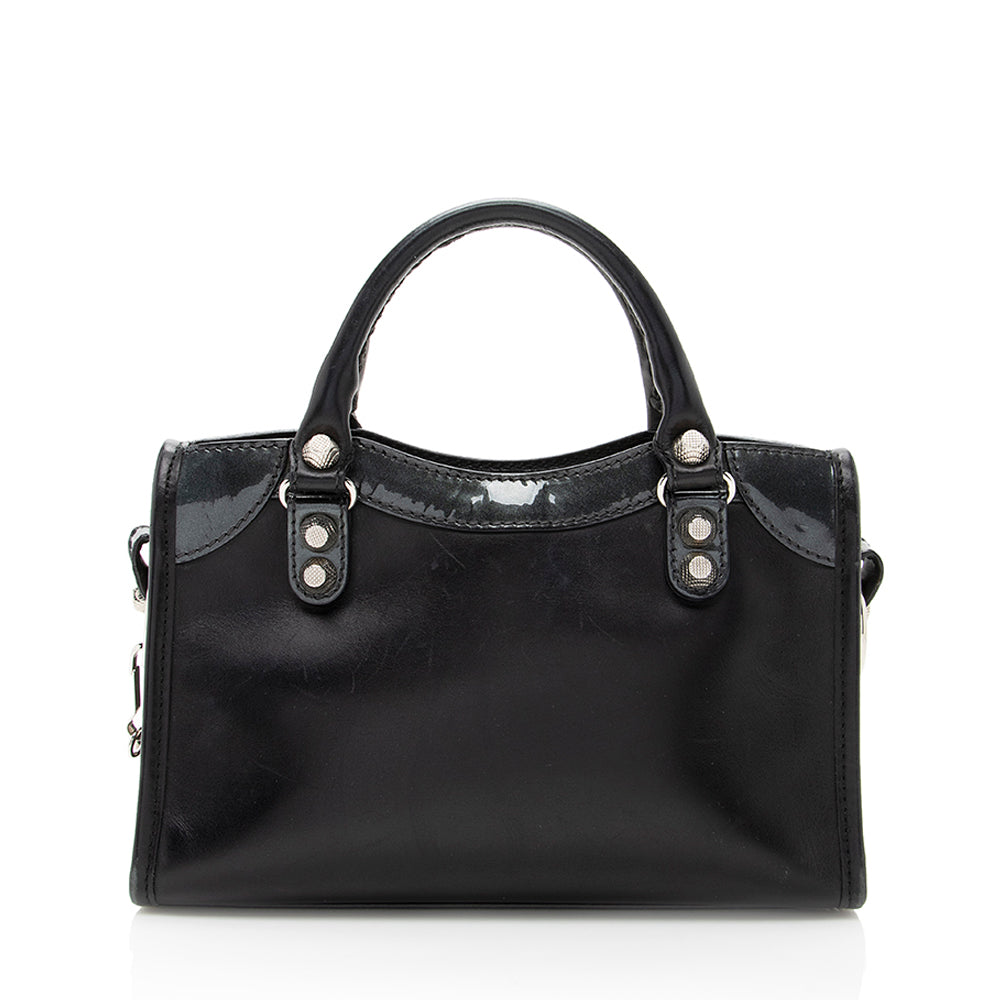 Luxury Balenciaga Trending 2025 Patent Matte Calfskin Metal Edge City Mini Satchel - FINAL SALE (SHF-17574)