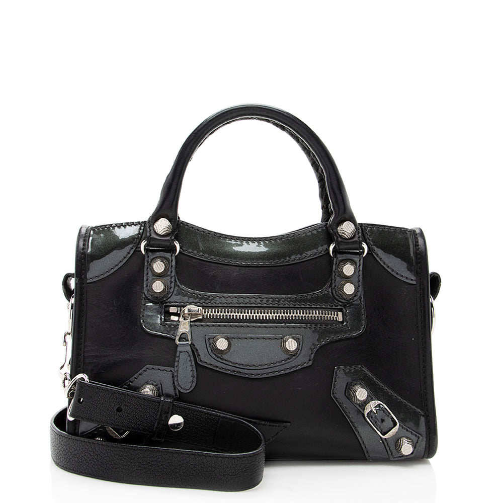 Luxury Balenciaga Trending 2025 Patent Matte Calfskin Metal Edge City Mini Satchel - FINAL SALE (SHF-17574)