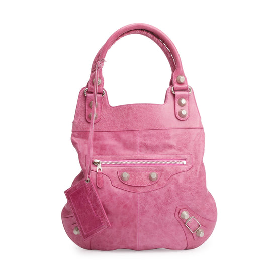 Balenciaga Pink Distressed Arena Leather Motocross Giant 21 Slim Hobo Bag