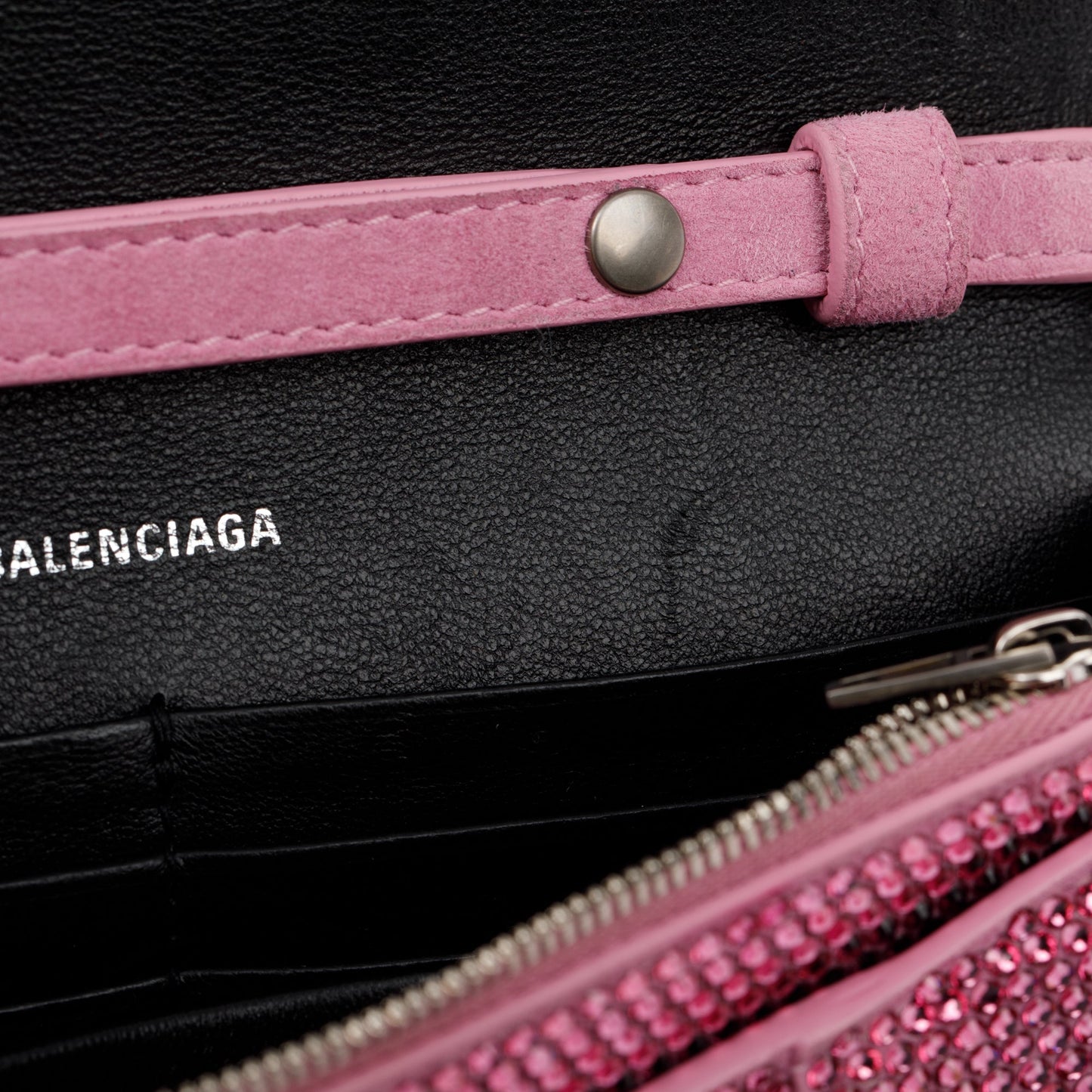 Balenciaga Pink Rhinestone Hourglass Wallet on Chain
