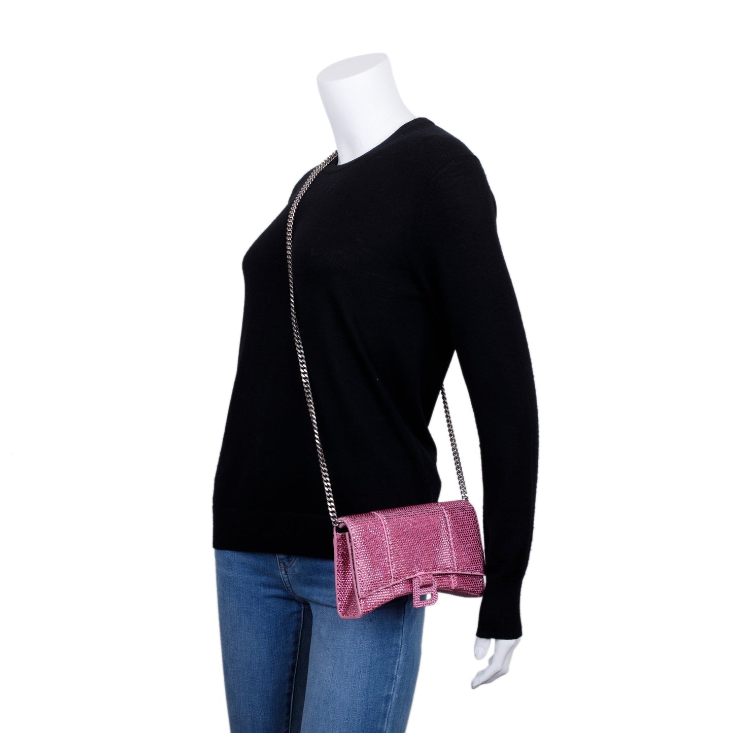 Balenciaga Pink Rhinestone Hourglass Wallet on Chain