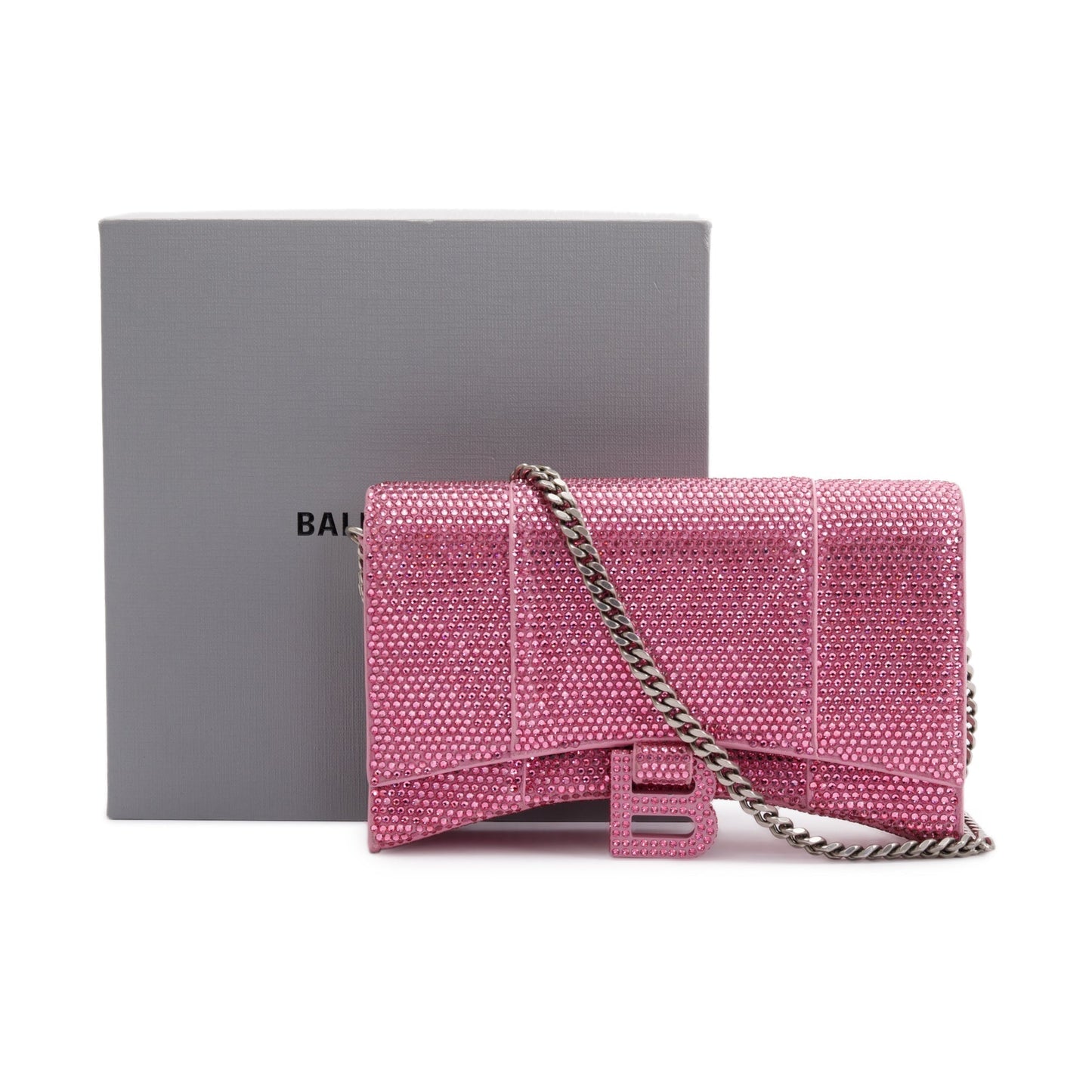 Balenciaga Pink Rhinestone Hourglass Wallet on Chain