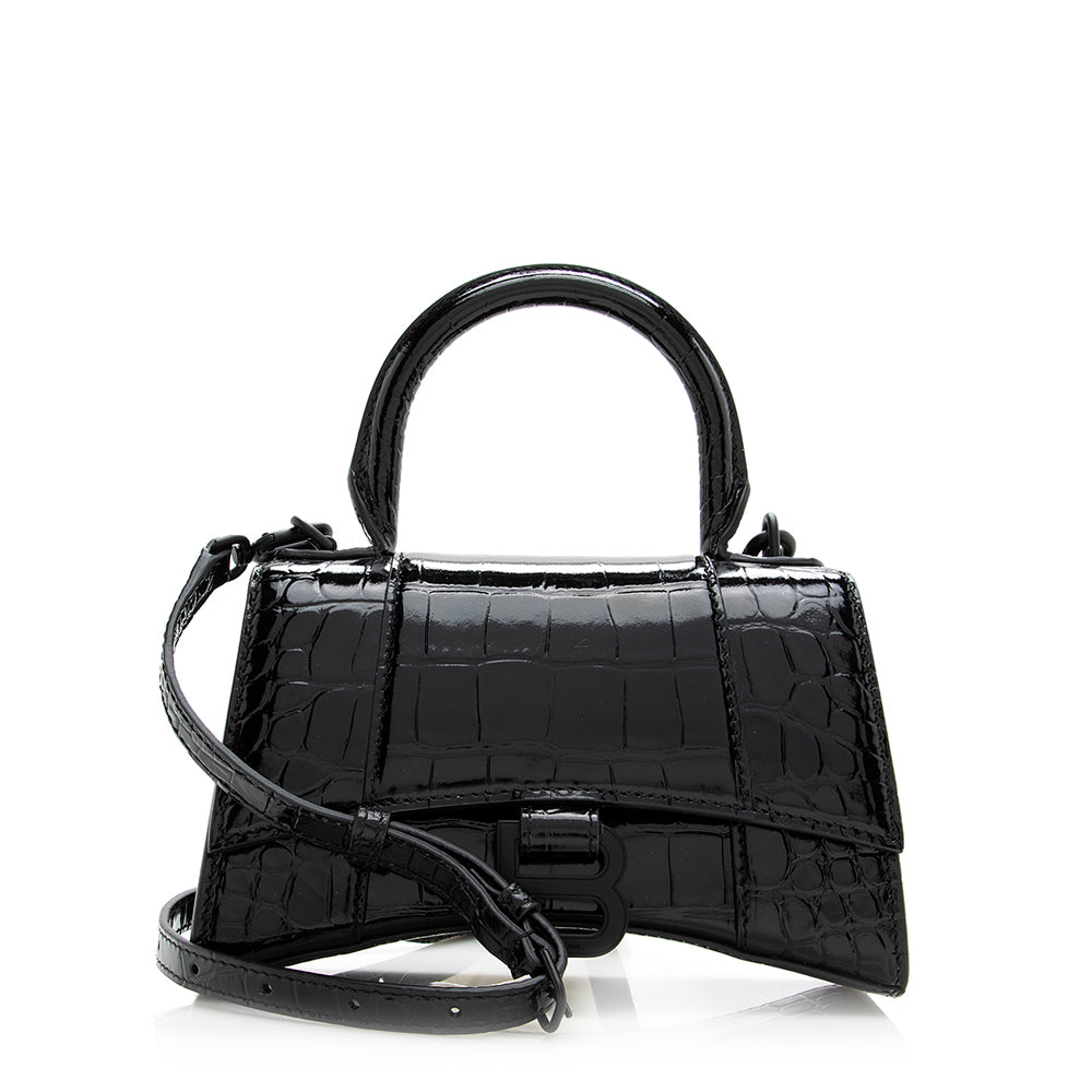 Luxury Balenciaga Trending 2025 Shiny Croc Embossed Calfskin Hourglass XS Satchel (SHF-20783)