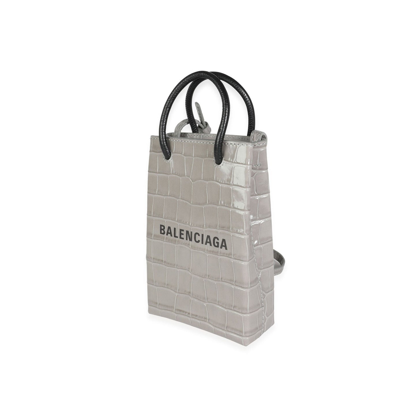 BALENCIAGA STEEL GREY CROC-EMBOSSED  SHOPPING PHONE HOLDER BAG