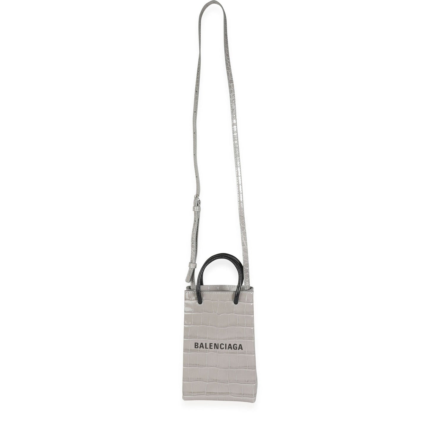 BALENCIAGA STEEL GREY CROC-EMBOSSED  SHOPPING PHONE HOLDER BAG