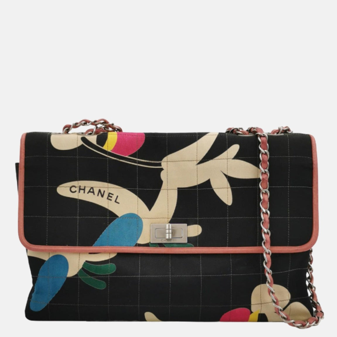 Chanel 2.55 Flap Bag   Chocolate Bar Multipocket 2000 Large Black Fabric with Bird Print