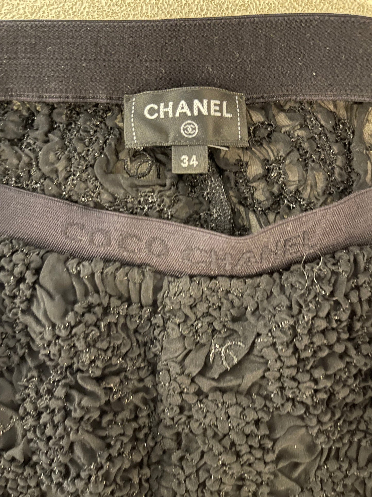 Chanel Black Lace Tulle Top and Cyclist Shorts Set with Camelia Details and Crystal CC Logos Size FR 34 (UK 6)