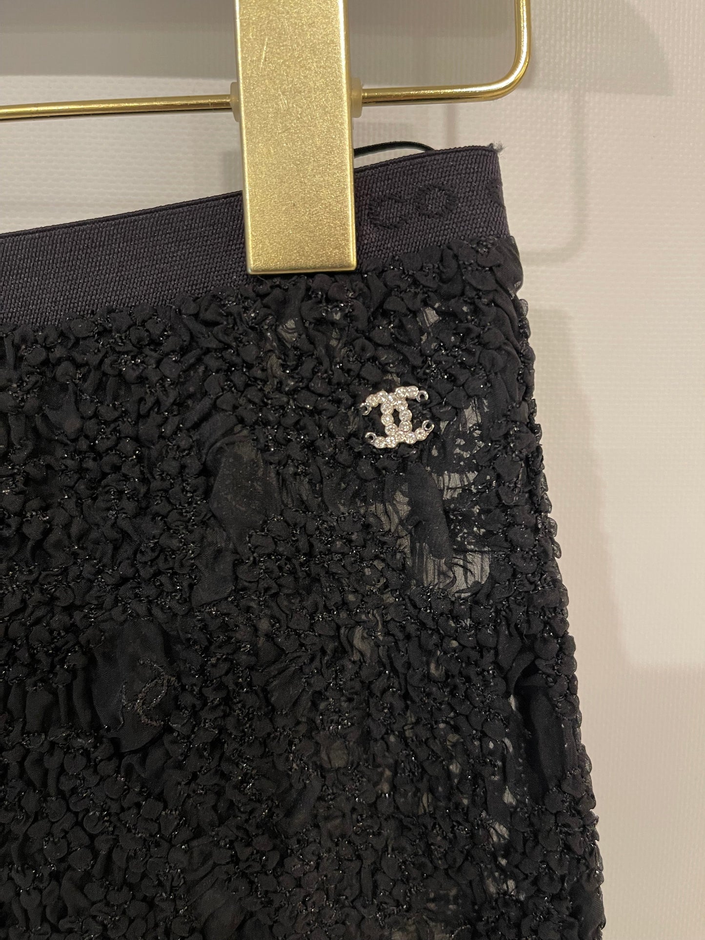 Chanel Black Lace Tulle Top and Cyclist Shorts Set with Camelia Details and Crystal CC Logos Size FR 34 (UK 6)