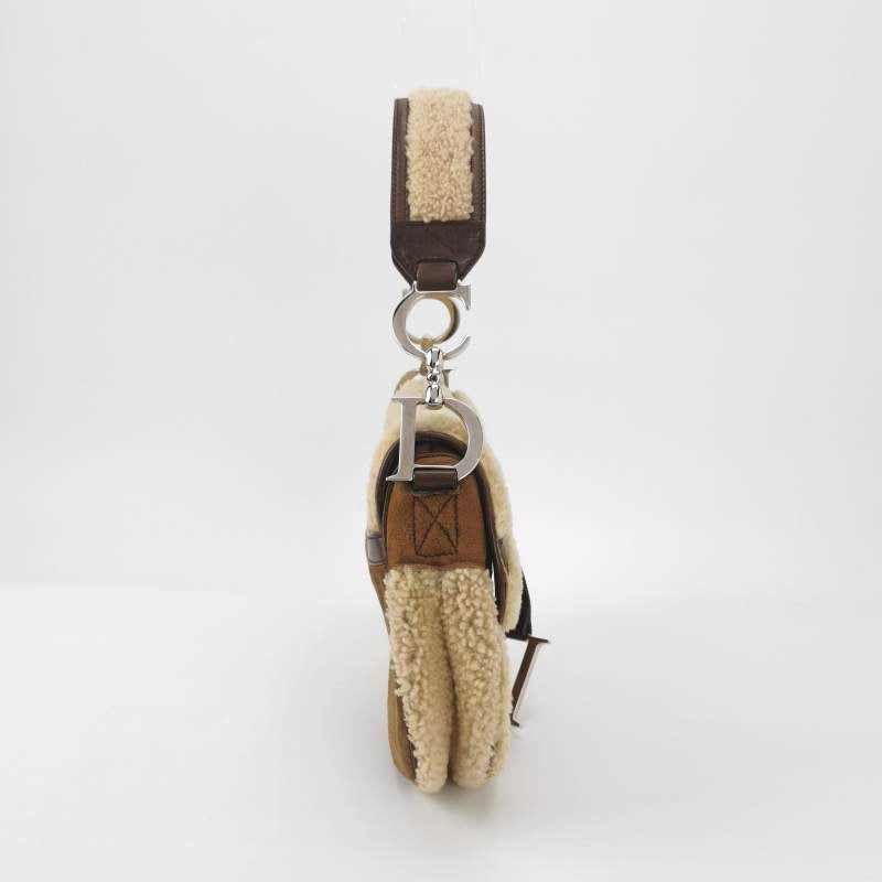 Dior Saddle   Shoulder Bag Shearling Brown and While