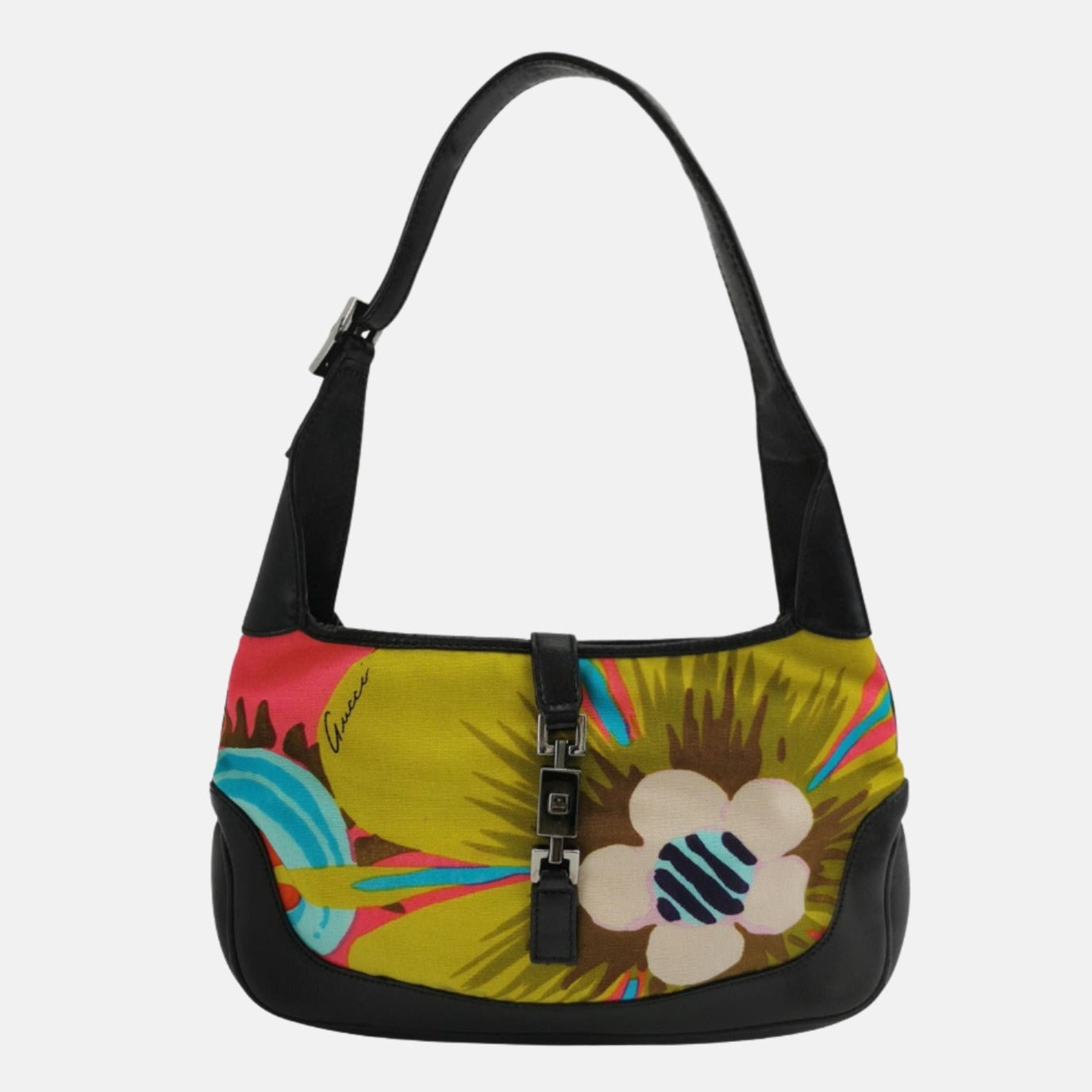 Gucci Jackie   Mini Multicolor Floral Canvas Black Leather Shoulder Bag