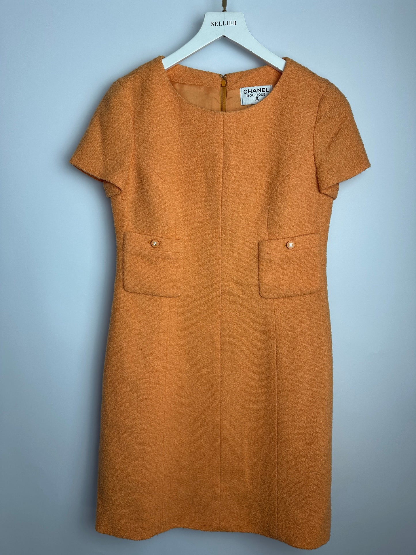 Chanel   Apricot Orange Tweed Short-Sleeve Mini Dress with CC Buttons Detail Size FR 38 (UK 10)
