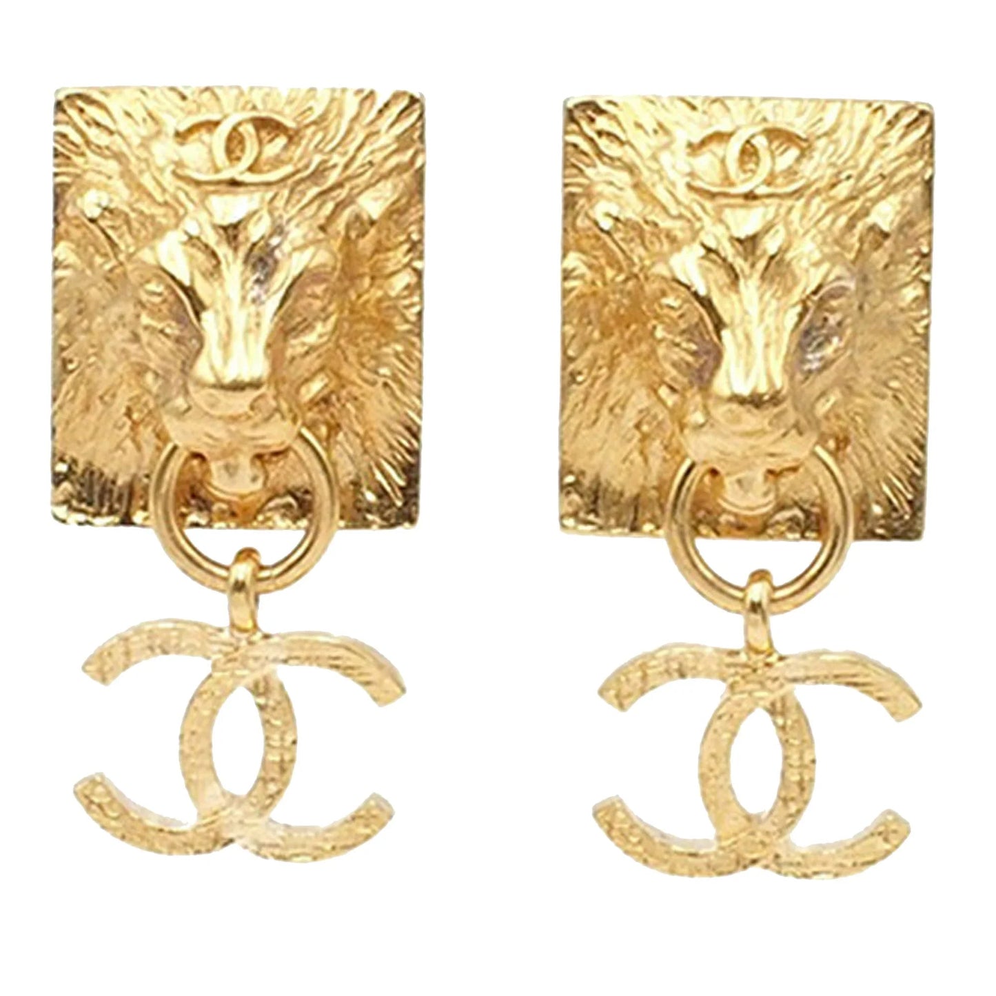 Gold Chanel Gold Plated Lion Head CC Drop Push Back Earrings