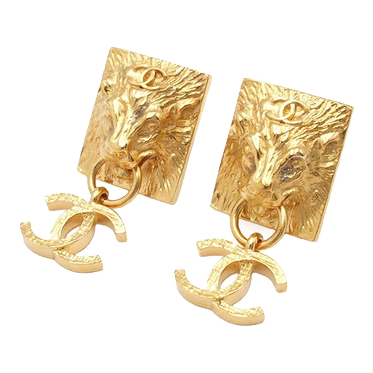 Gold Chanel Gold Plated Lion Head CC Drop Push Back Earrings