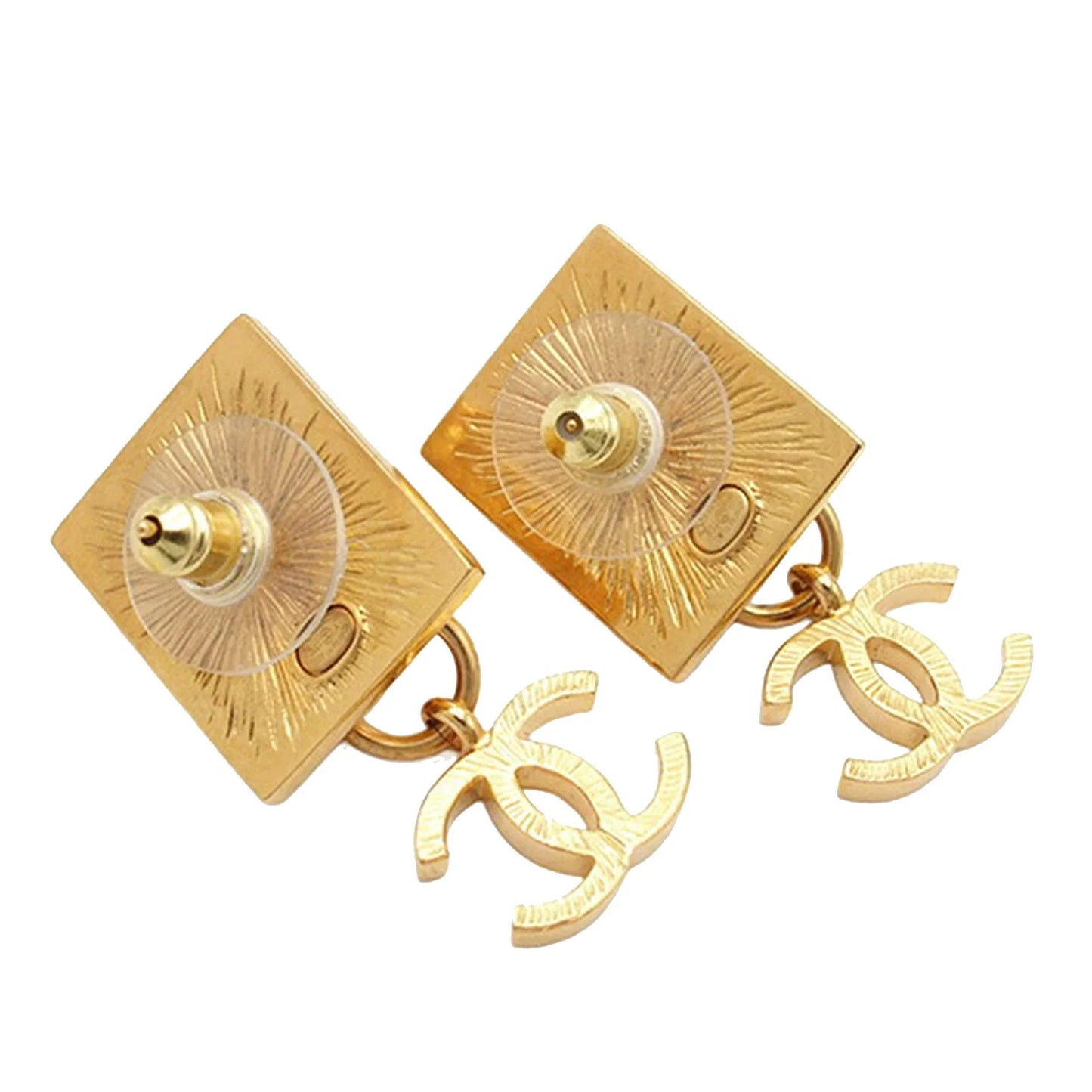 Gold Chanel Gold Plated Lion Head CC Drop Push Back Earrings