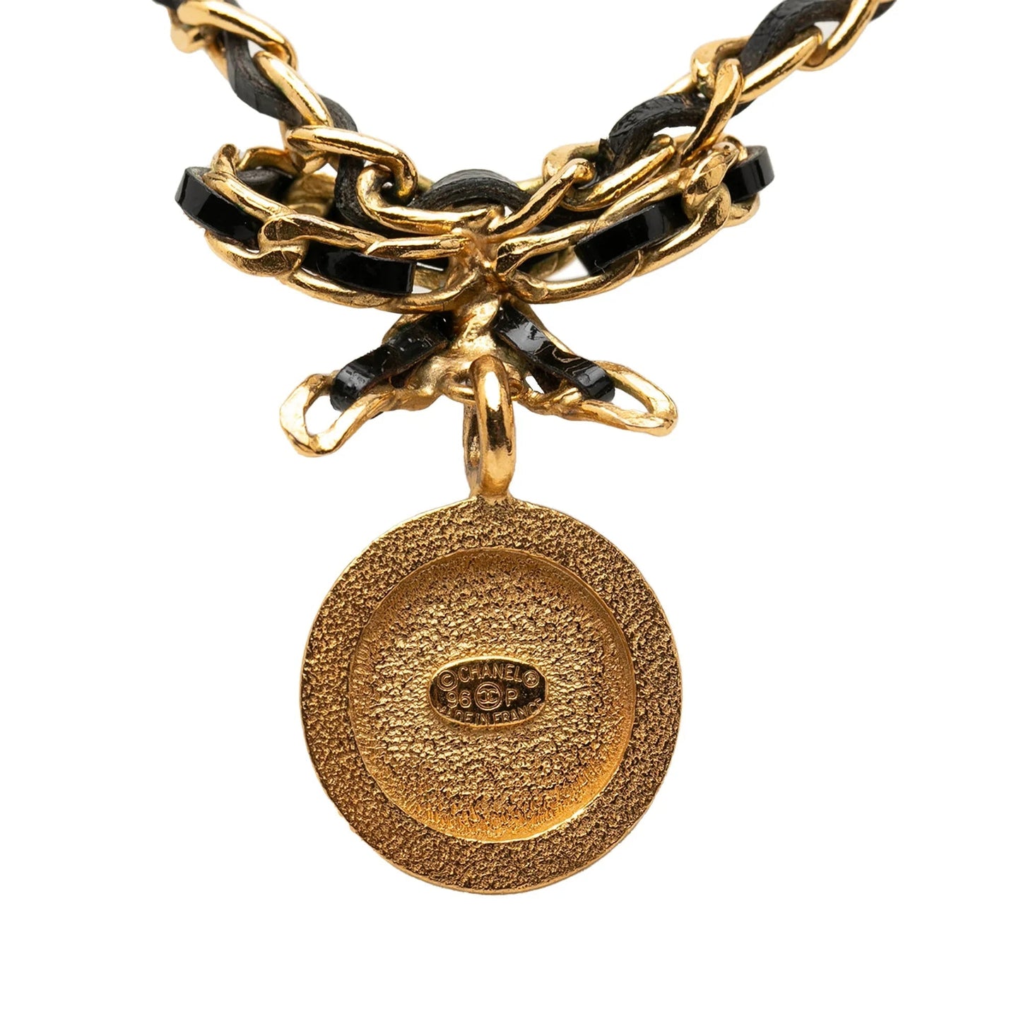 Gold Chanel Leather and Gold Plated Medallion Bow Pendant Necklace