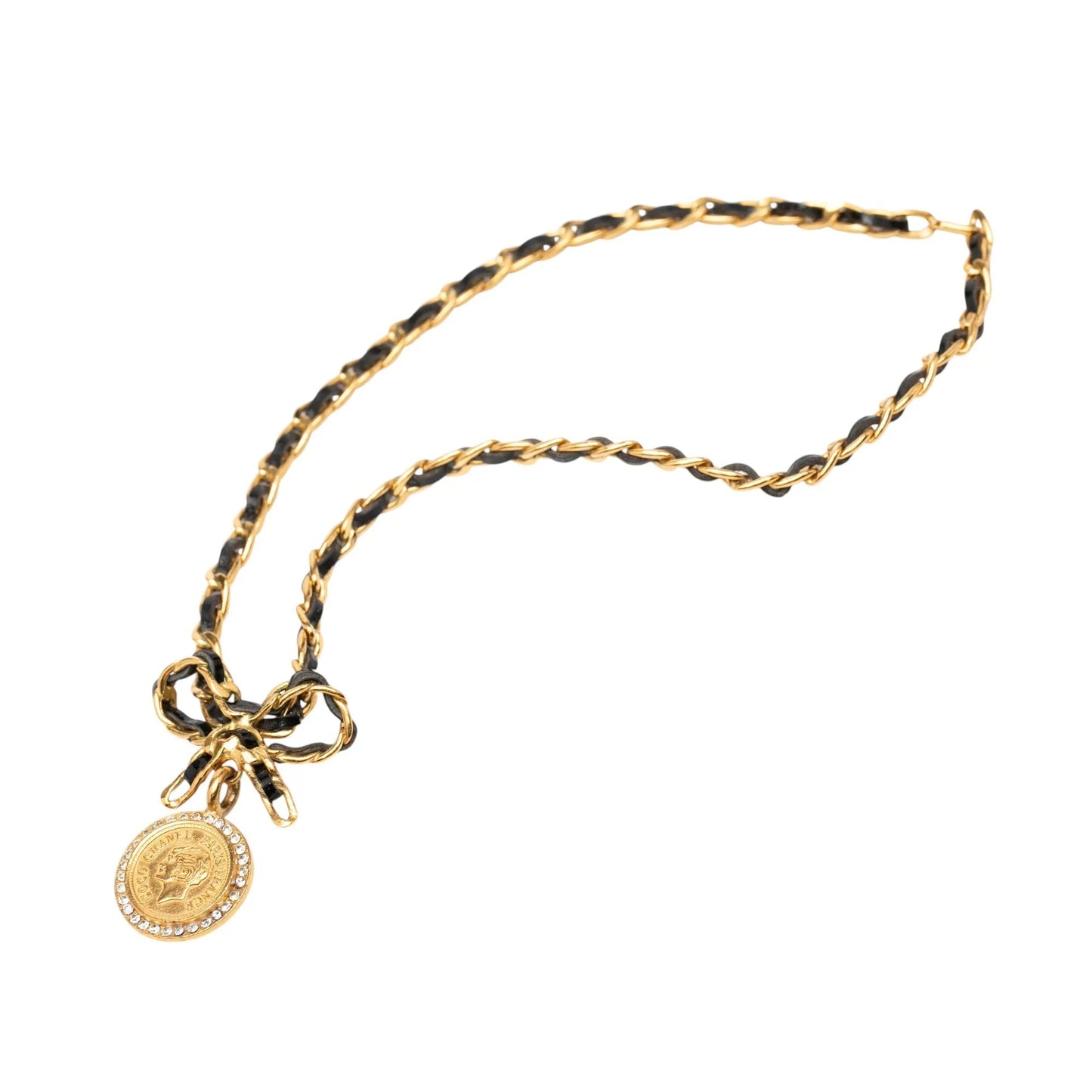 Gold Chanel Leather and Gold Plated Medallion Bow Pendant Necklace