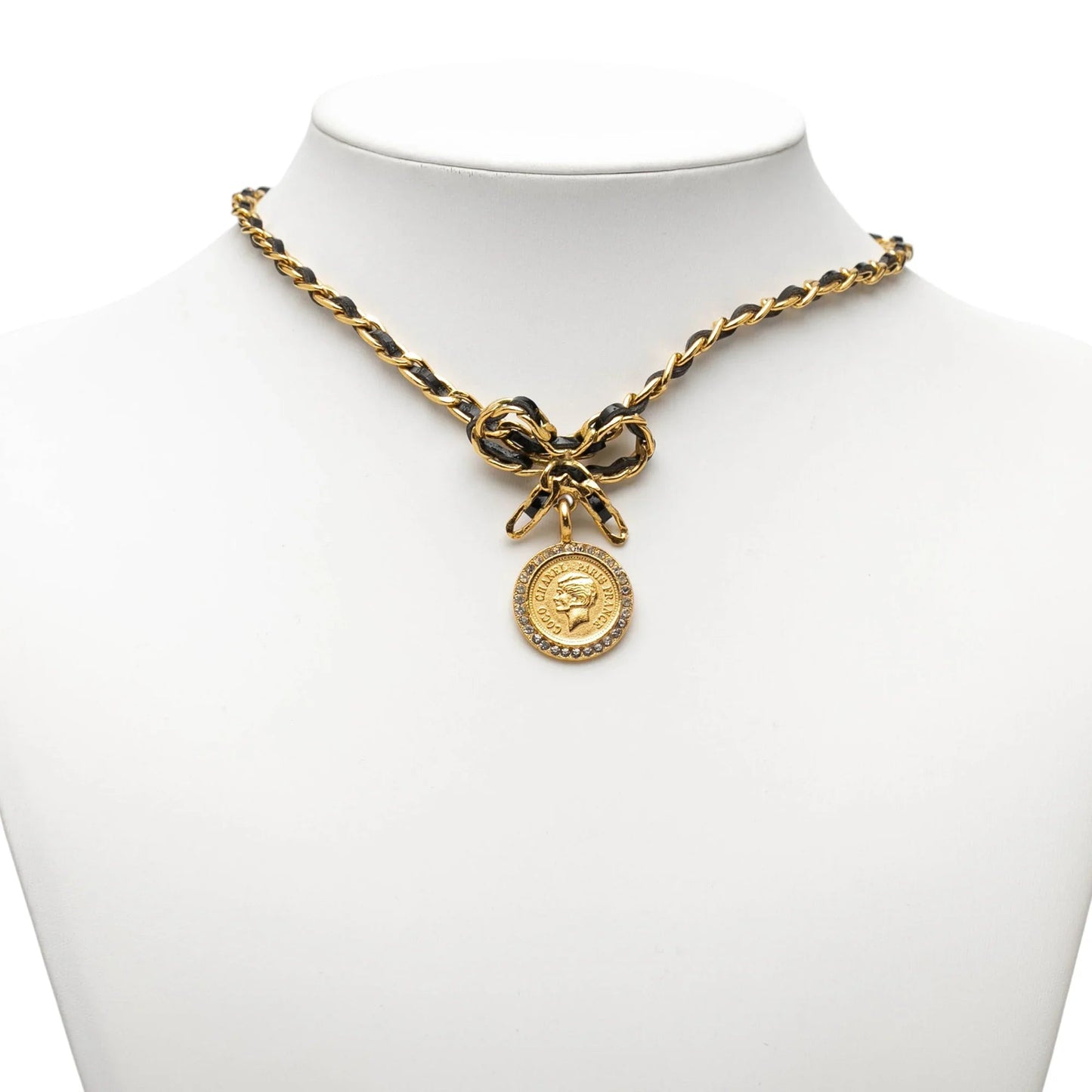 Gold Chanel Leather and Gold Plated Medallion Bow Pendant Necklace