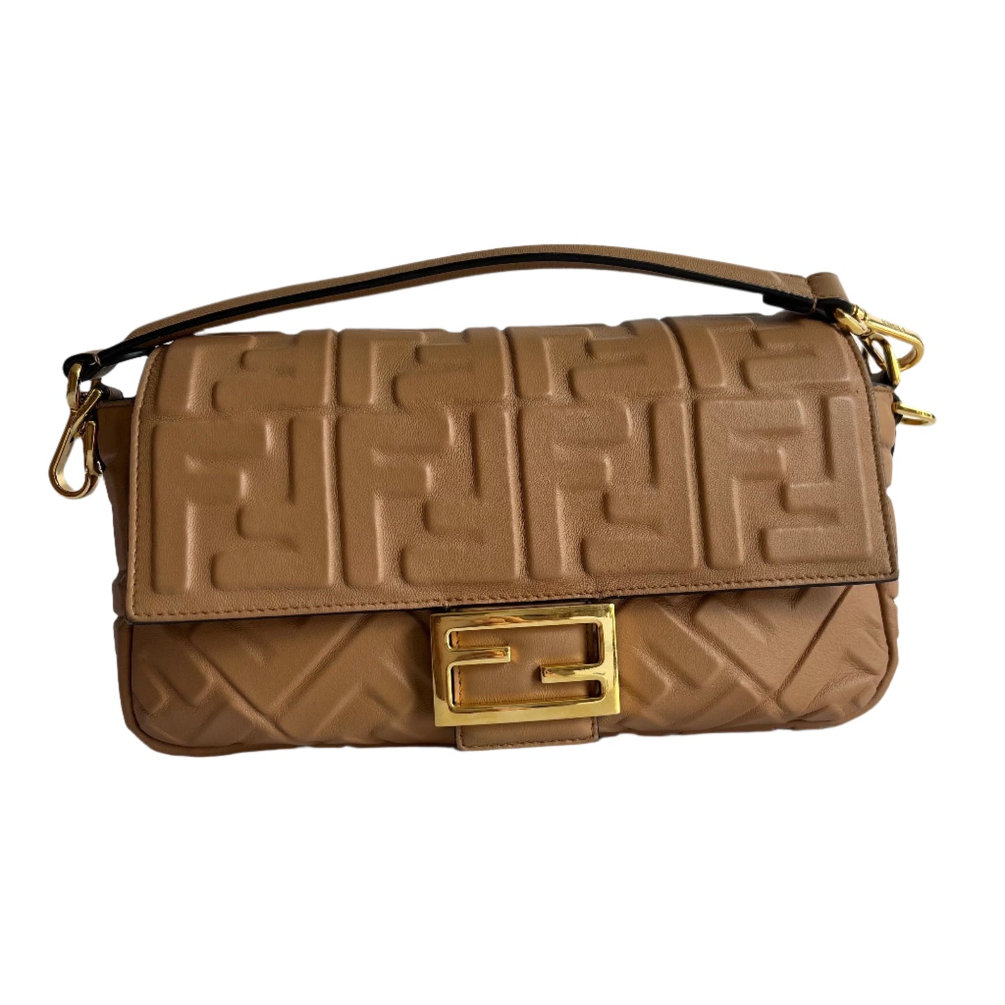 Fendi Baguette Caramel Tan Brown Lambskin Leather Crossbody Bag Medium