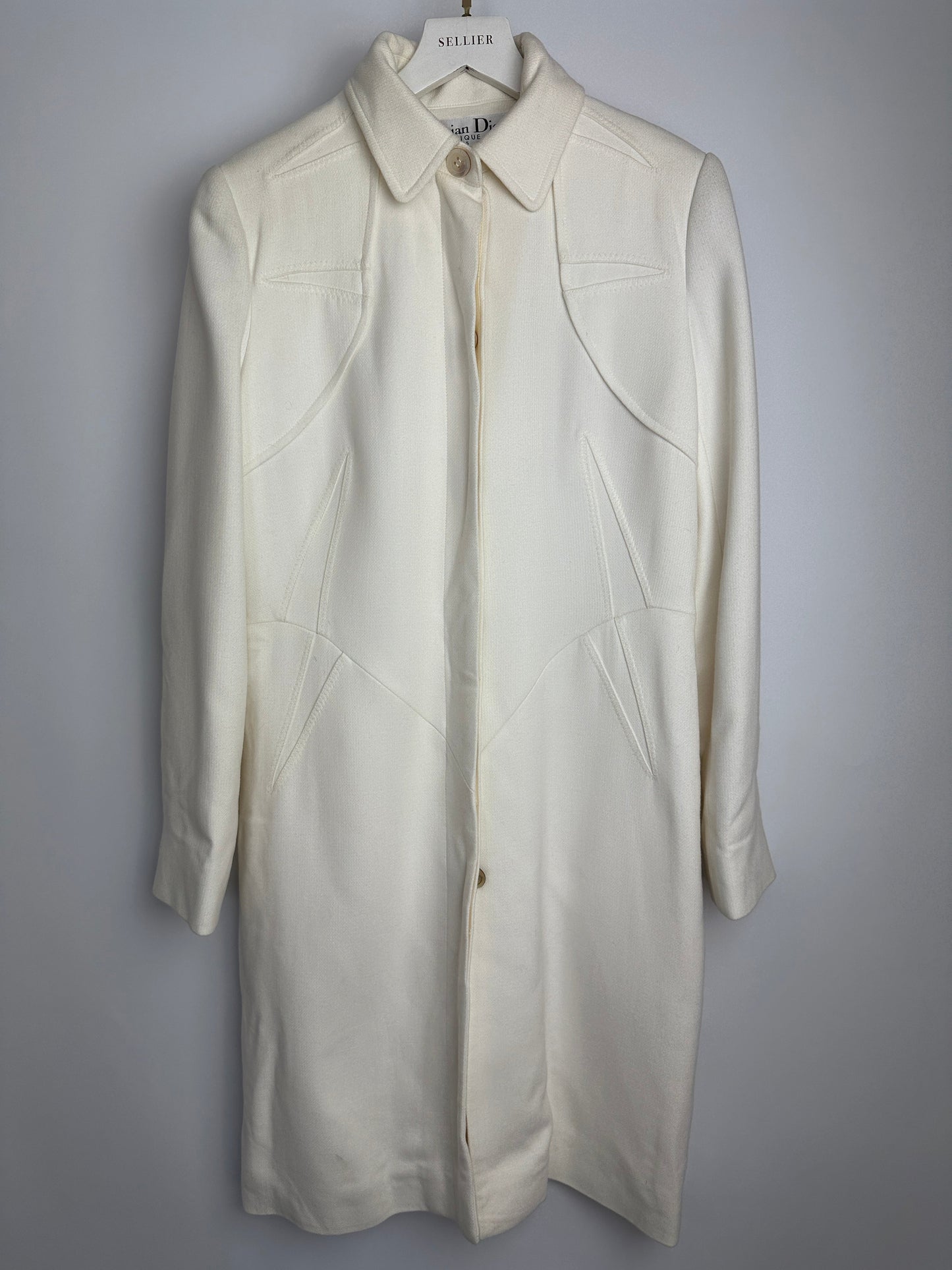 Christian Dior Cream   John Galliano Long Line Coat with Monogram Lining Detail Size FR 38 (UK 10)