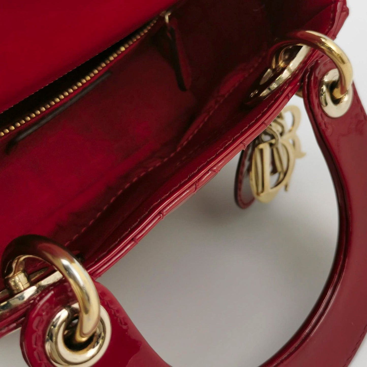 Lady Dior Mini Handbag Red Patent Leather Gold-tone Leather and Chain Strap