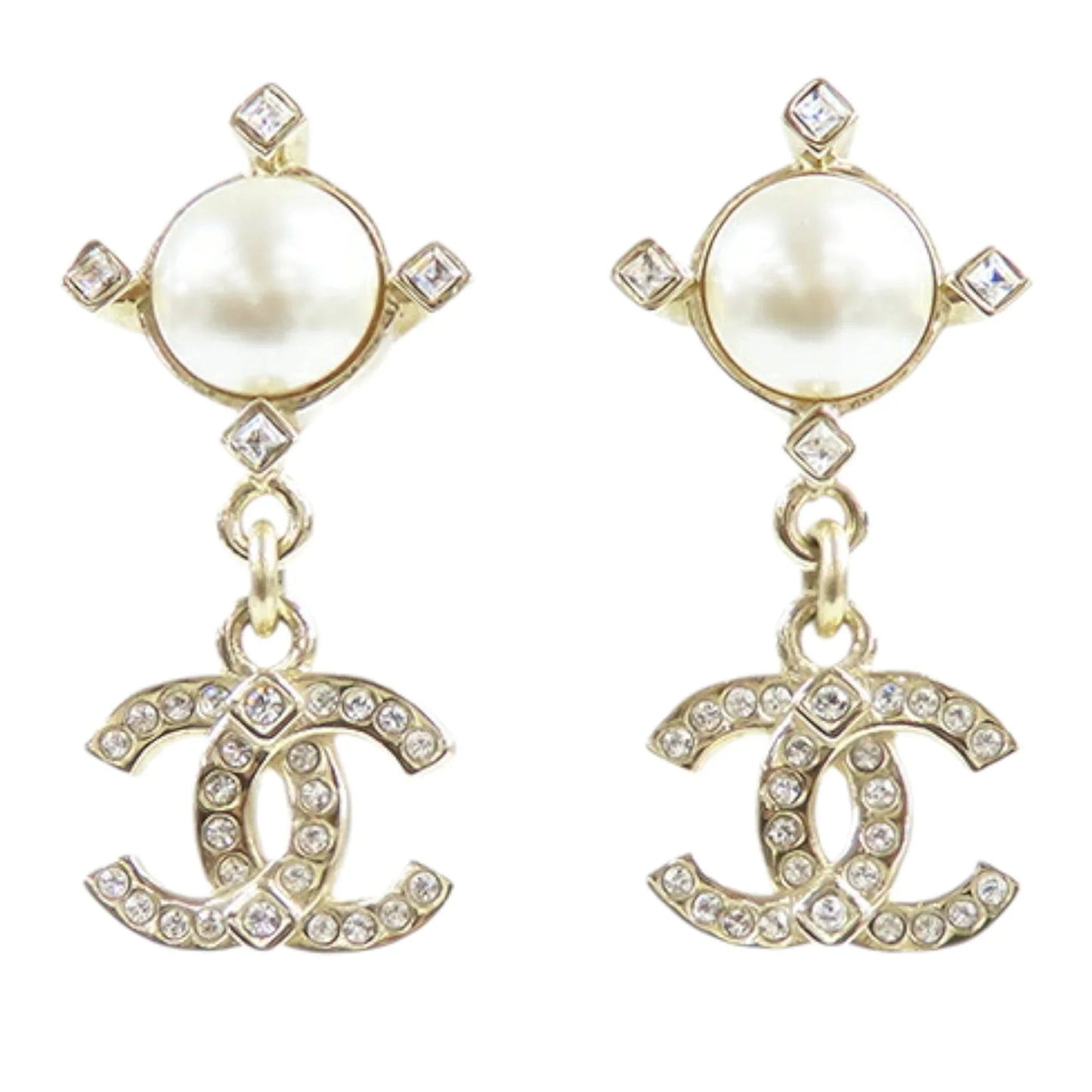 Gold Chanel CC Gold Plated Faux Pearl Swing Push Back Earrings
