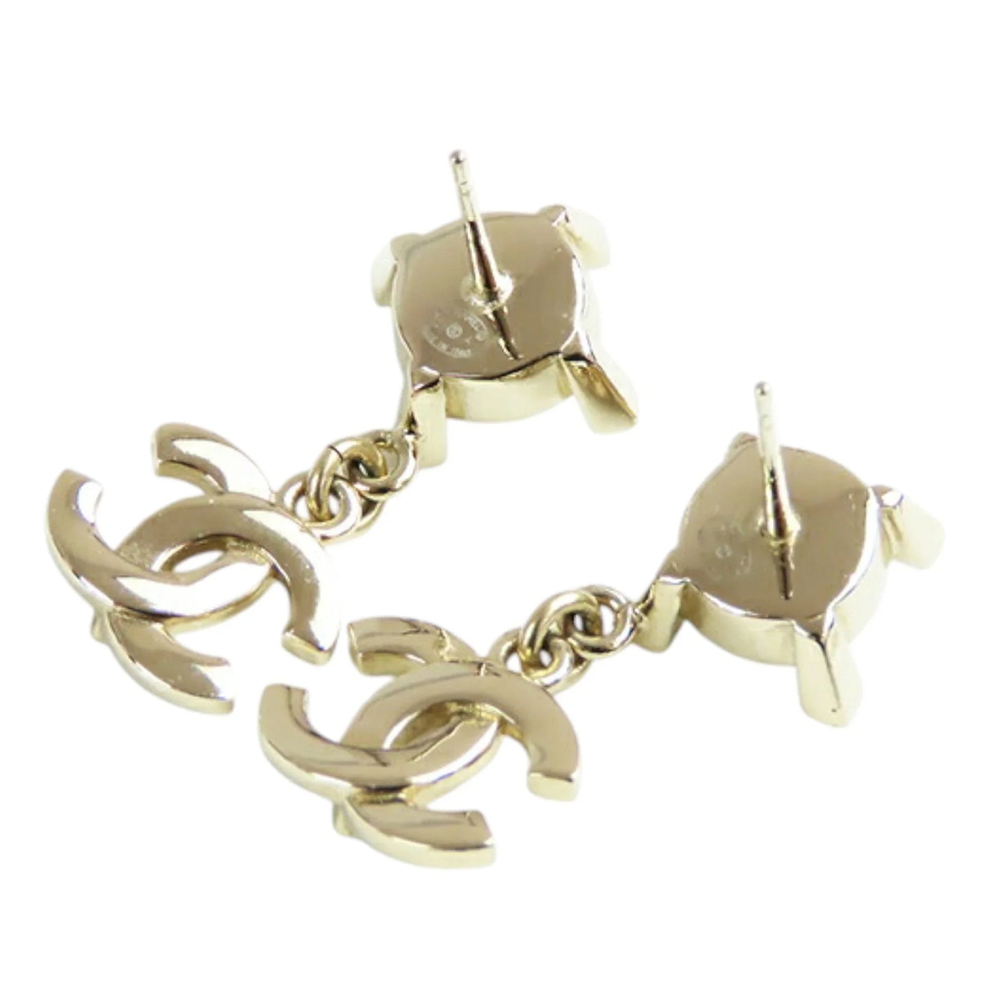 Gold Chanel CC Gold Plated Faux Pearl Swing Push Back Earrings
