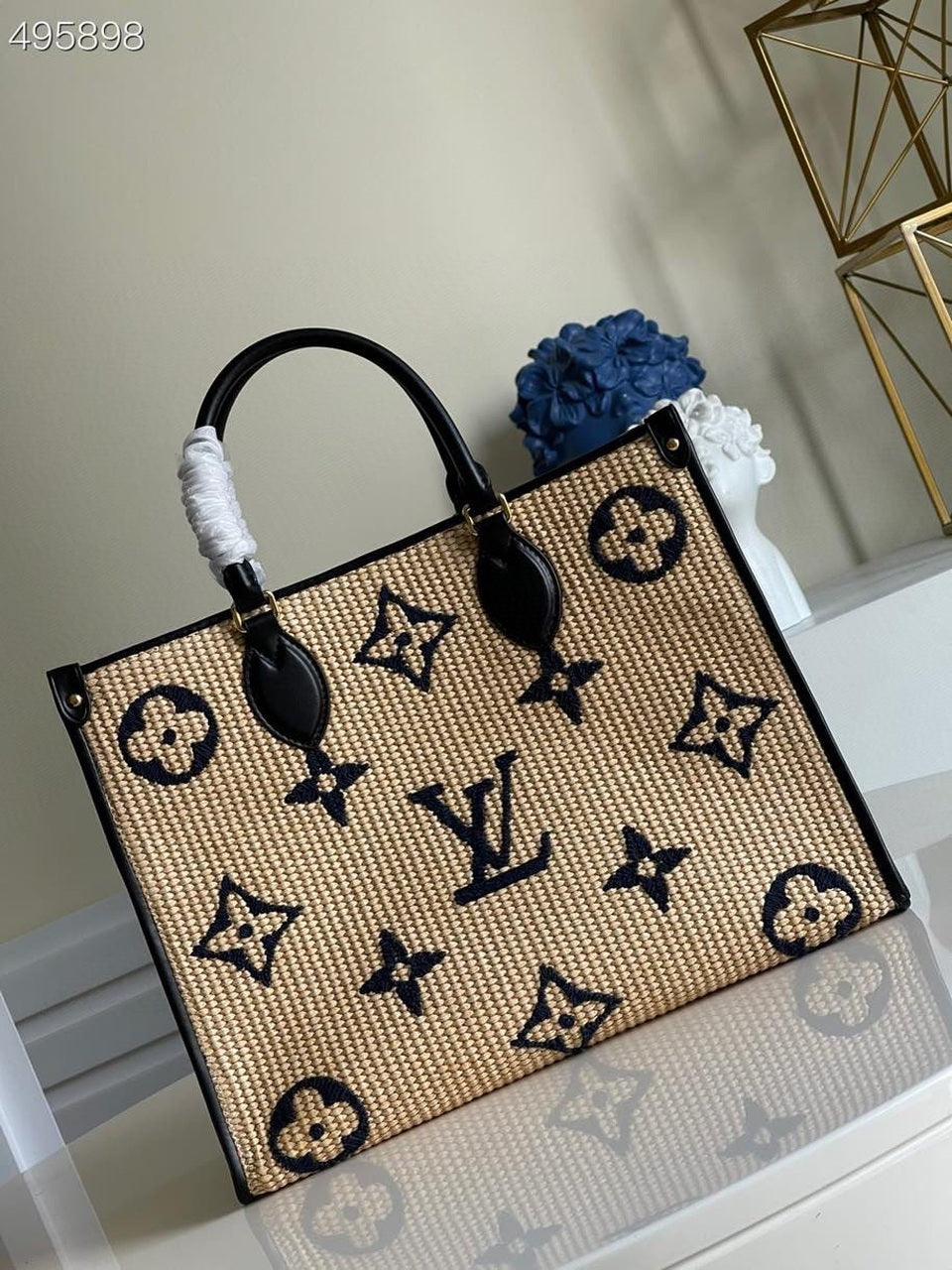 Top Quality OnTheGo MM Tote Bag Monogram Raffia Navy Blue For Women,  Shoulder Bags 13.8in/35cm Top Quality M57723