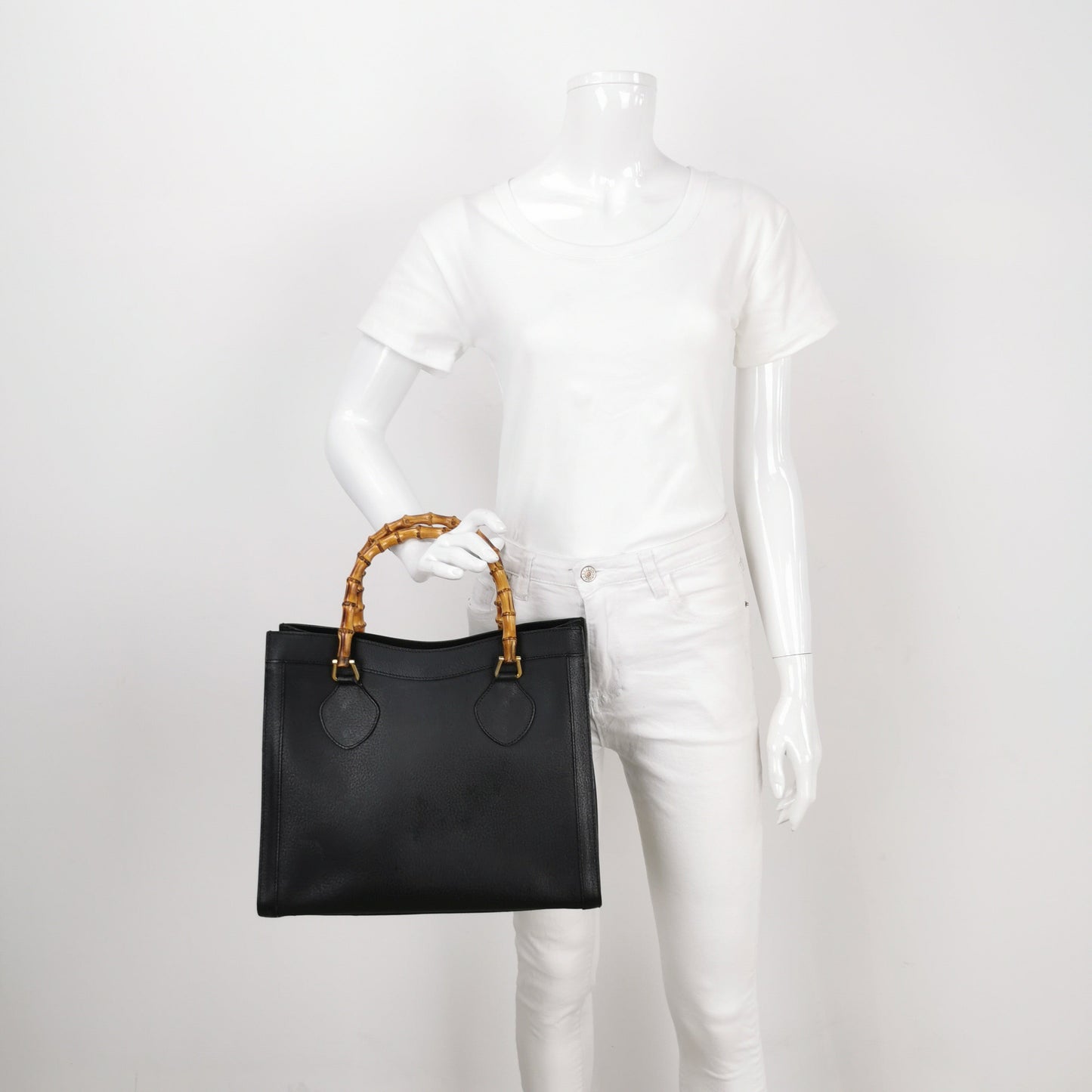 Gucci Diana   Large Black Calfskin Leather Bamboo Top Handles Tote Bag