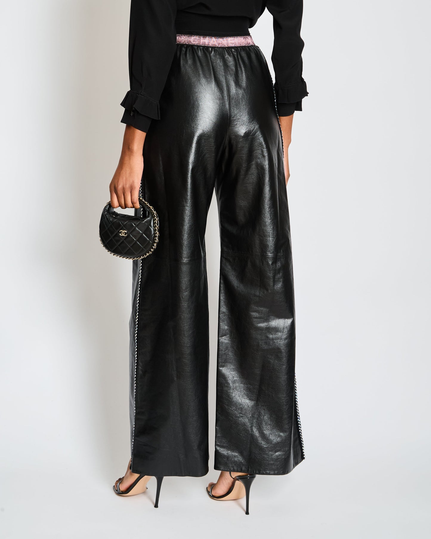 Chanel Cruise 2024 Black Leather Wide Leg Tro rs with Embellished Tweed Trim and Pink Logo Waistband Size FR 34 (UK 6)
