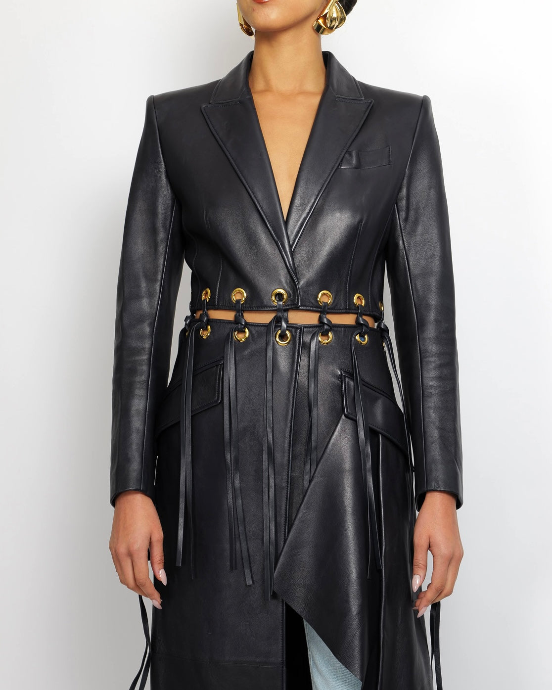 Alexander McQueen Spring 2020 Runway Navy Leather Fringed Trench Coat with Gold Eyelets Details Size IT 38 (UK 6)