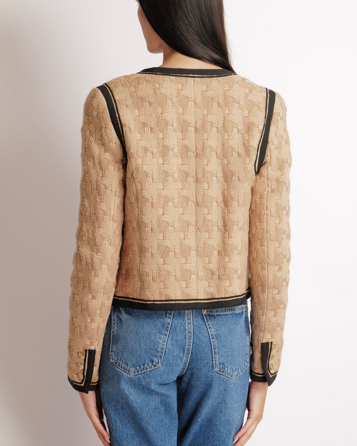 Chanel   08A Beige Wool Jacket with Black Trims and Brushed Champagne Gold CC Logo Buttons Size FR 38 (UK 10)