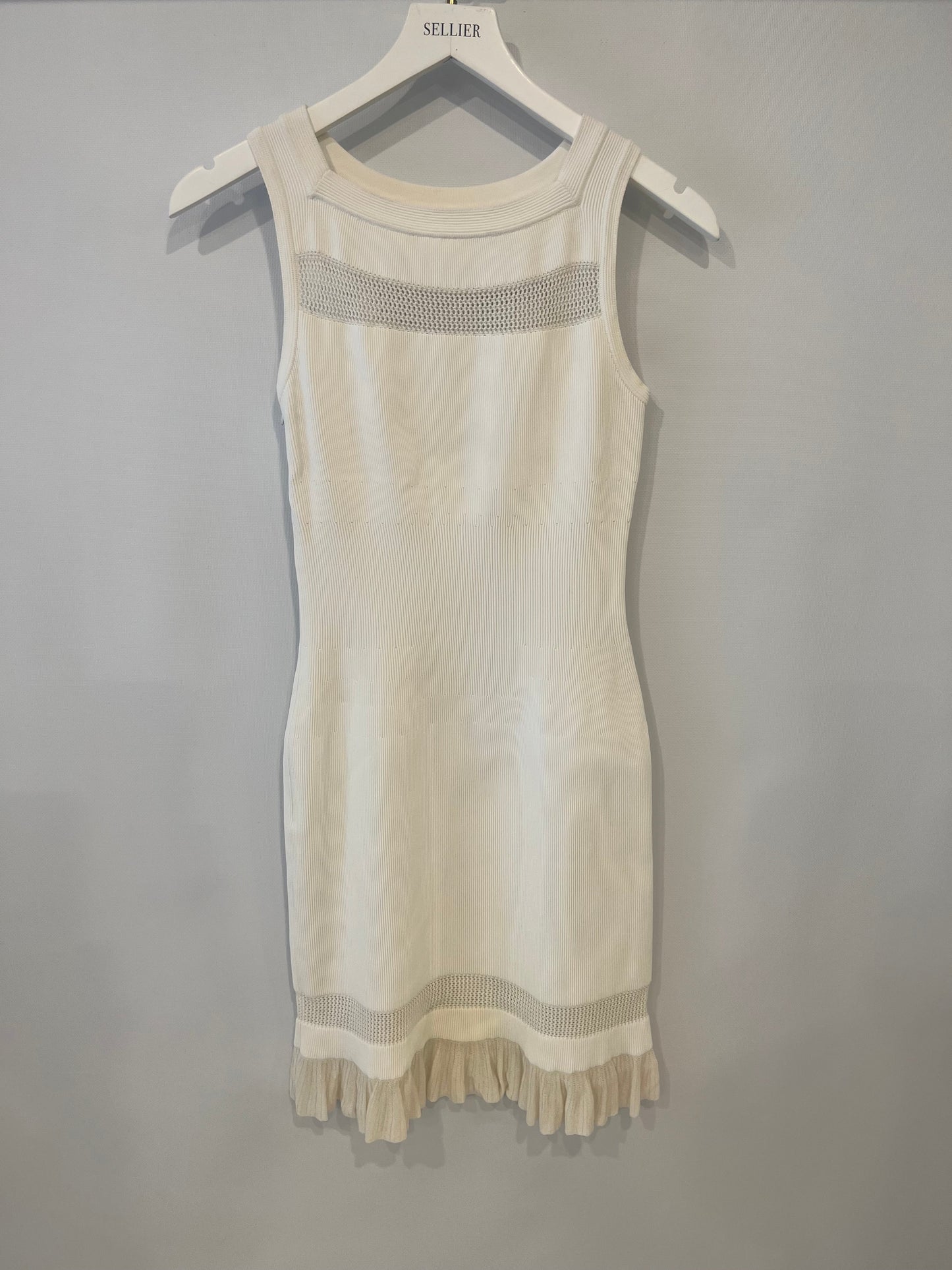 Ala•a White Ribbed Sleeveless Mini Dress with Knit and Frill Details Size FR 38 (UK 10)