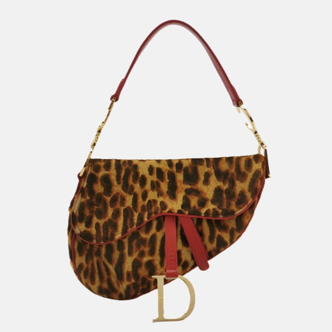 Dior Saddle   Leopard Print Ponyhair and Red Leather John Galliano Rare