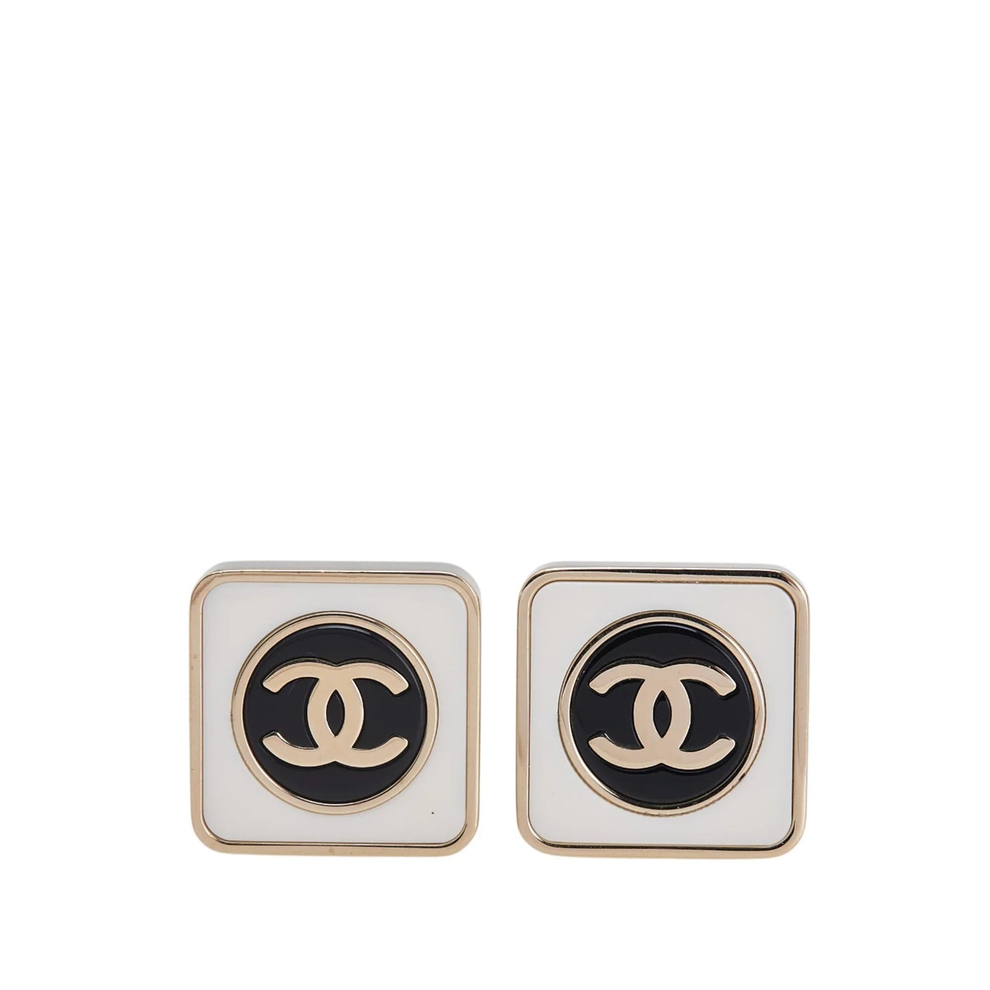 White Chanel Silver Plated Enamel CC Square Push Back Earrings