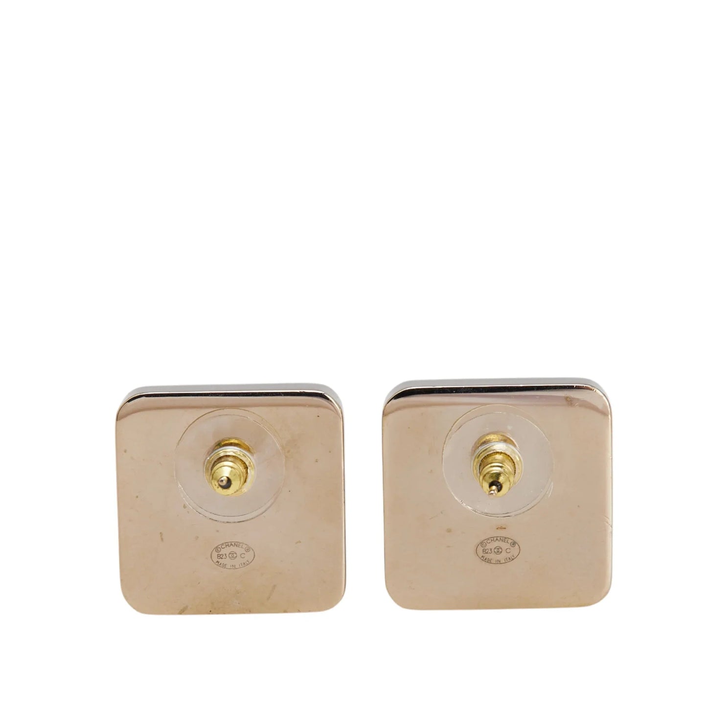 White Chanel Silver Plated Enamel CC Square Push Back Earrings