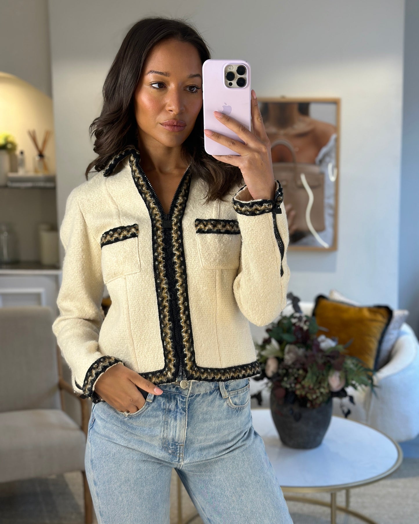 Chanel 1996 Cream Mark Tweed Jacket with Brown, White ZigZag Trim Detail Size FR 38 (UK 10)