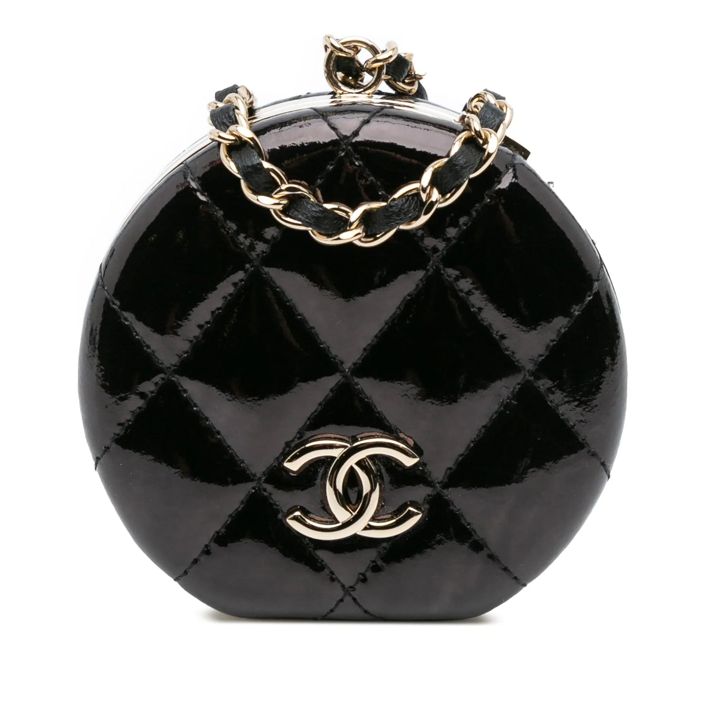 Black Chanel Quilted Patent Round Mirror Chain Necklace
