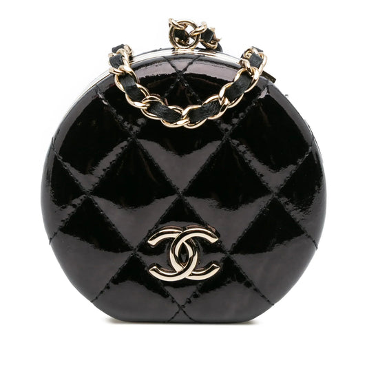 Black Chanel Quilted Patent Round Mirror Chain Necklace