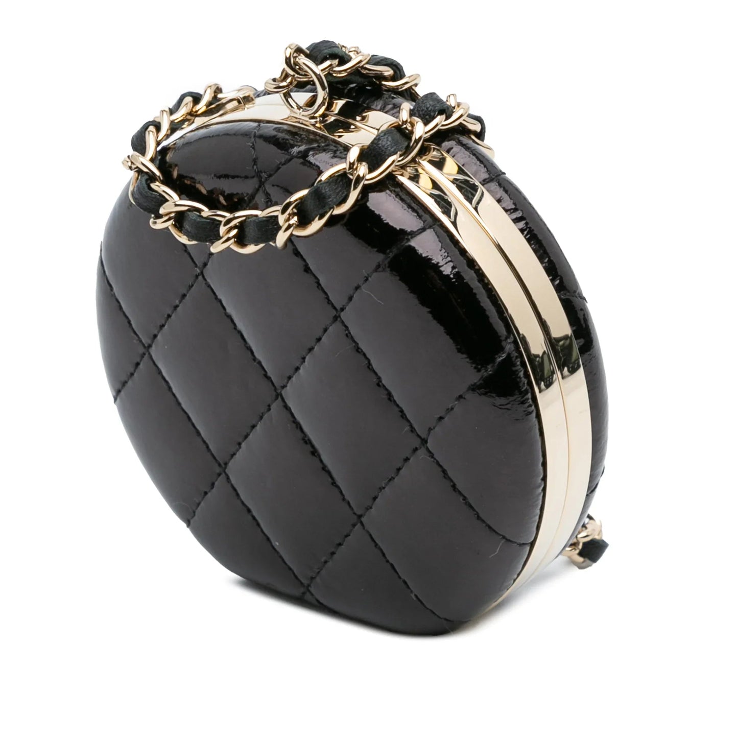 Black Chanel Quilted Patent Round Mirror Chain Necklace