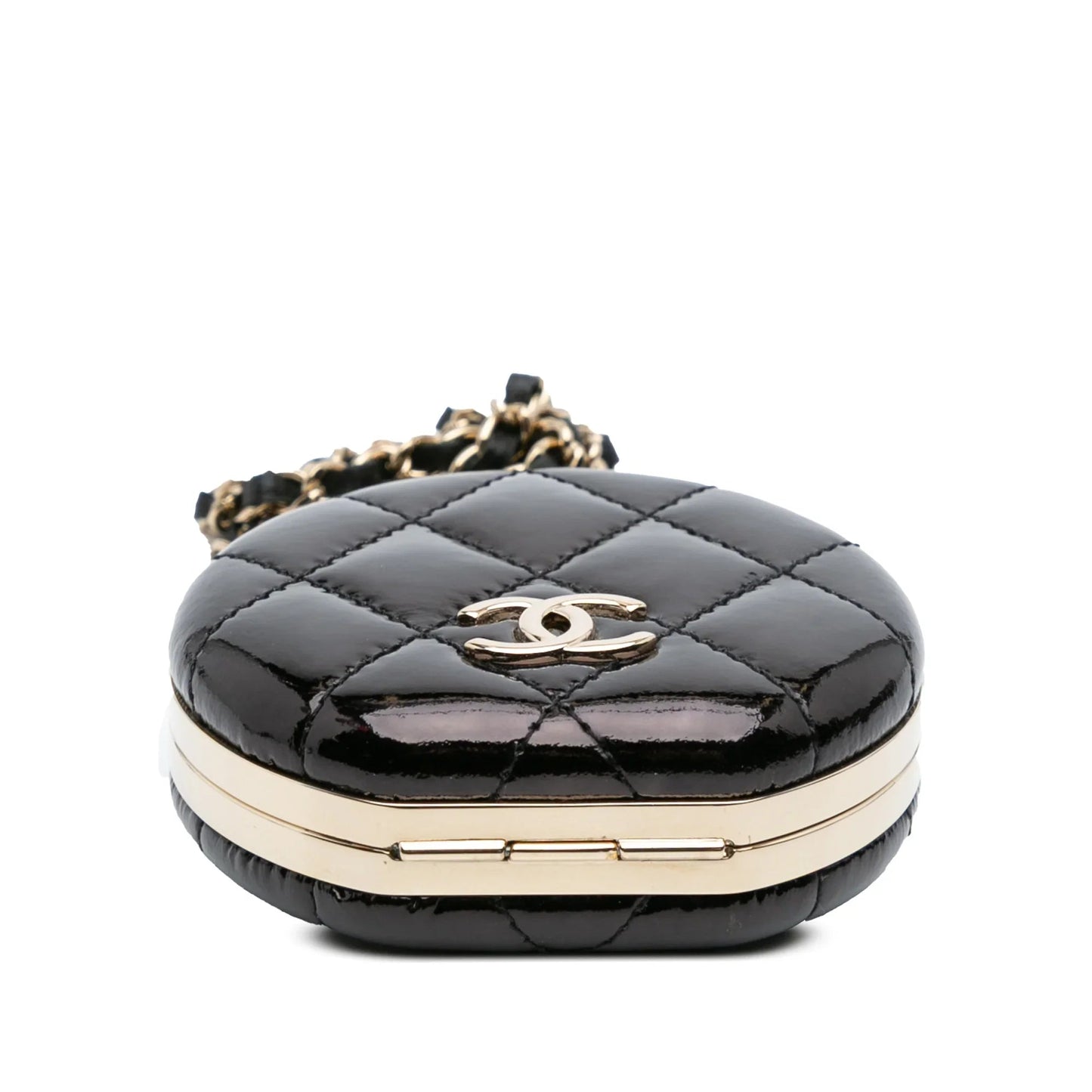 Black Chanel Quilted Patent Round Mirror Chain Necklace